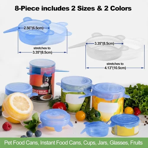 Miniatura 7 de Tapas de silicona para latas de alimentos para mascotas (paquete de 8, 2.6 pulgadas + 3.3 pulgadas), tapas de silicona reutilizables sin BPA