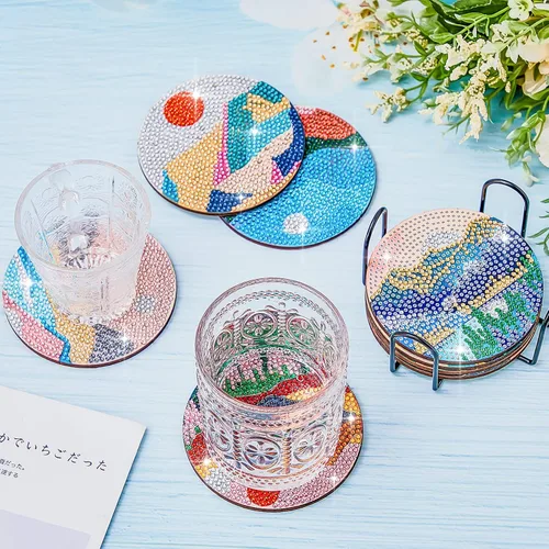 Miniatura 4 de 8 posavasos de pintura de diamantes para manualidades, paisaje, bricolaje, 5D, kit de pintura de diamante, posavasos brillantes con soporte