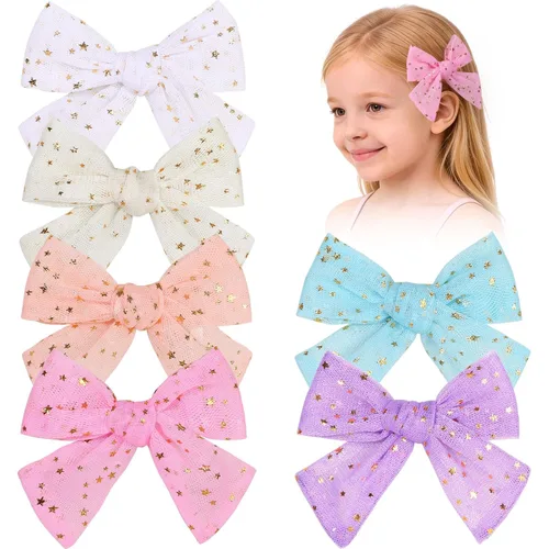 Miniatura 11 de 6 piezas de lazos de tul para el pelo de niñas, lazos para bebés de CN con estrella brillante y pinza de cocodrilo, pasadores de pelo coloridos