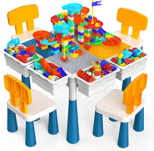 Miniatura 8 de Arscniek Mesa de actividades para niños pequeños 7 en 1, juego de mesas de actividades y sillas con 152 bloques de construcción grandes de mármol