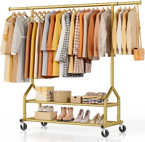 Miniatura 10 de EAGMAK Perchero de ropa resistente con capacidad de carga de 192 kg, perchero enrollable con estantes, colgador de ropa ajustable de metal