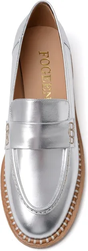 Miniatura 3 de FOGEENA Mocasines de cuero mate para mujer, estilo casual, sin cordones, punta redonda, tacón bajo grueso, zapatos de vestir de 1 pulgada