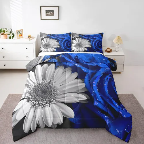 Miniatura 21 de Juego de edredón de rosas rojas, tamaño individual, juego de ropa de cama floral rojo degradado negro para niñas, mujeres, niños, adolescentes
