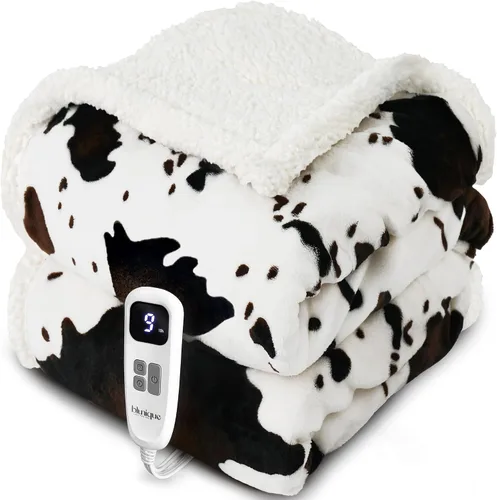 Manta térmica con estampado de vaca, manta eléctrica, manta térmica con 10 niveles de calor y 10 horas de apagado automático, acogedora y suave,