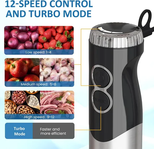 Miniatura 3 de Licuadora de inmersión profesional 6 en 1, licuadora de mano resistente con 12 velocidades y 10 accesorios, picadora de alimentos de 20 onzas