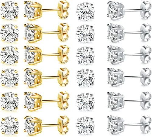 Miniatura 35 de Aretes de tuerca chapados en oro blanco de 18 quilates de 3 a 0.315 in con circonita cúbica redonda, paquete de 6 pares