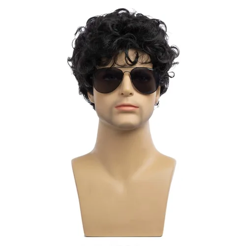 Miniatura 2 de Peluca negra corta y rizada para hombre, peluca sintética para cosplay, con gorra de peluca