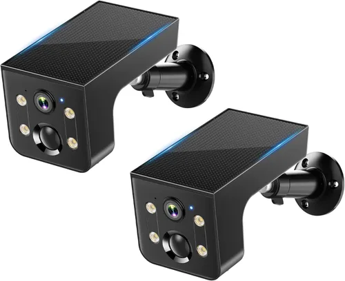 Thybro Paquete de 2 cámaras con energía solar para exteriores: detección de movimiento AI 2K Cámara inalámbrica para exteriores - Batería de larga