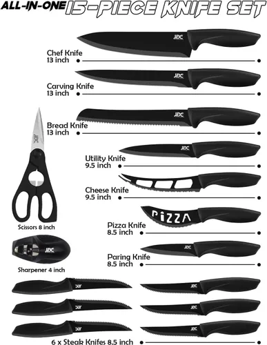 Miniatura 2 de LDC - Juego de cuchillos negros de cocina, acero inoxidable, aptos para lavavajillas, juego de cuchillos ergonómicos con asas antideslizantes