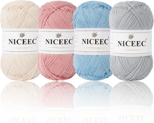 Miniatura 10 de NICEEC 4 madejas de hilo de algodón suave para bebé, 4 capas, manualidades DIY, peso fingering, hilo para manta para ganchillo y tejido, total 700