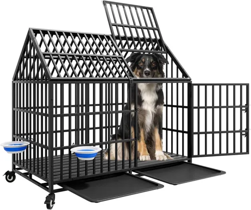 Miniatura 10 de Jaula indestructible para perros de 44 pulgadas, resistente a escapes, con techo puntiagudo para perros grandes y medianos de alta ansiedad, jaula