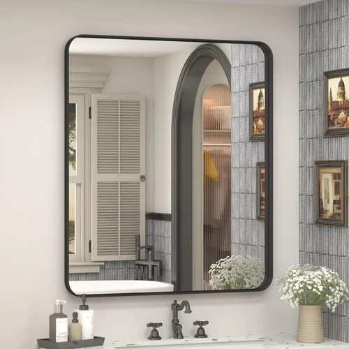 Miniatura 22 de Paquete de 2 espejos de baño con marco de metal negro de 22 x 30 pulgadas, espejo rectangular redondeado negro mate, antioxidante, se cuelga