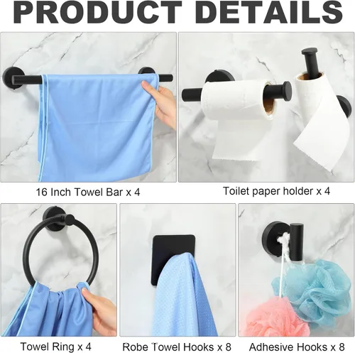 Miniatura 3 de Blulu Juego de 28 piezas de accesorios de baño de acero inoxidable, incluye barra de toalla de baño de 16 pulgadas, anillos de toalla, ganchos