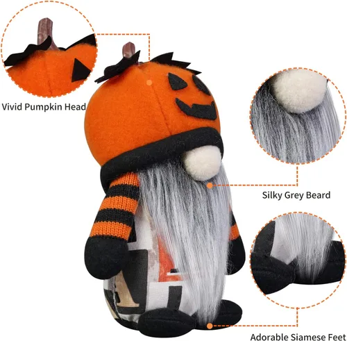 Miniatura 4 de Decoraciones de gnomos de Halloween, paquete de 2 sombreros hechos a mano con cara de calabaza sueca Tomte nórdico de felpa elfo Nisse adorables
