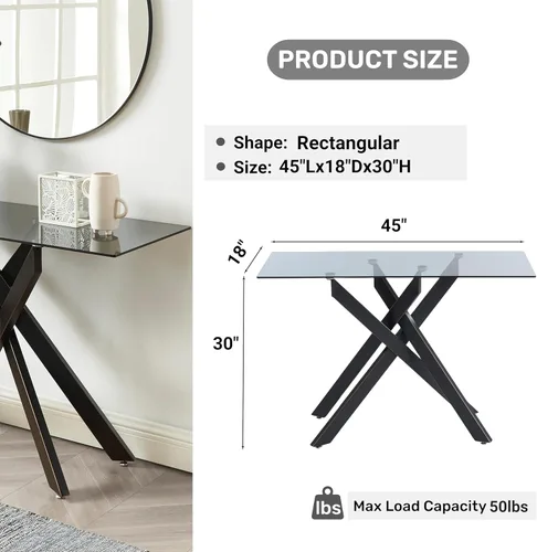 Miniatura 2 de Edwin's Choice Mesa consola de vidrio negro estrecha con parte superior de vidrio templado gris y patas tubulares de metal negro con borde dorado