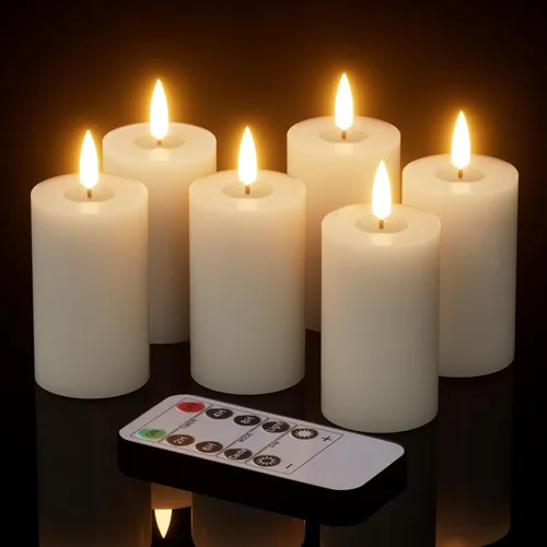 Miniatura 8 de Velas de Halloween sin llama con temporizador de 6 horas, velas LED naranjas parpadeantes de cera real, bruja, murciélagos, castillo, calcomanías
