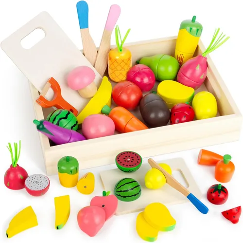 Conjuntos de Alimentos de Juguete de Madera para Cocina Infantil - Frutas y Verduras para Cortar Juguetes para Niños Pequeños Accesorios de Cocina