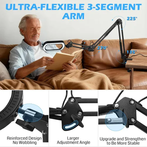 Miniatura 4 de Lupa 12X con luz y abrazadera, brazo ultra largo de 3 secciones, lente de vidrio de 5.3 x 3.2 pulgadas, 5000 lúmenes, 5 temperaturas de colores y 10
