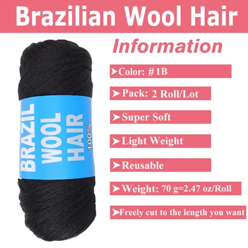 Miniatura 2 de COOKOO 2 rollos de hilo de lana brasileña color negro natural para cabello trenzado de ganchillo, trenzas, torsión, urdimbres, torsión senegalesa