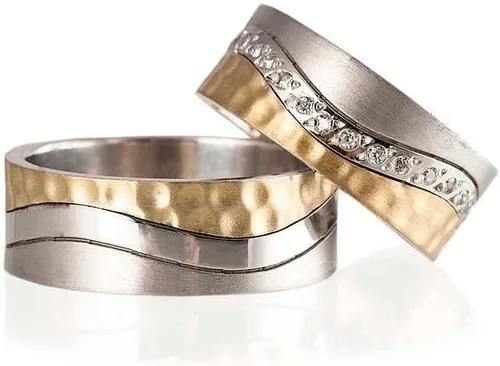 Juego de anillos de boda martillados chapados en oro de 14 quilates para parejas, juego de alianzas de boda a juego personalizado para hombre y