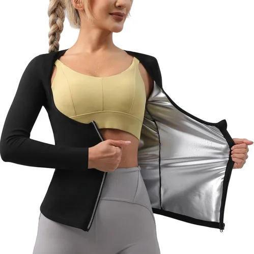 Miniatura 8 de Traje de sauna, chaqueta moldeadora de cuerpo de sudor caliente, entrenador de cintura, manga larga, con cremallera, camiseta de entrenamiento Negro