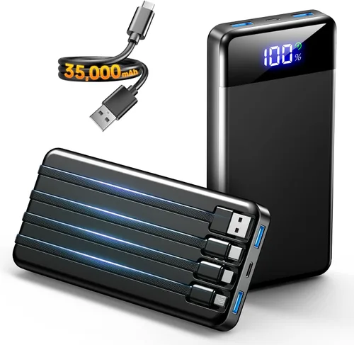 Miniatura 11 de Cargador portátil de 35000 mAh - Powerbank con 4 cables integrados, carga rápida de 22.5 W, paquete de batería esencial para viajes y campamentos