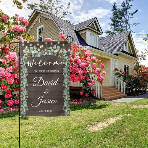 Miniatura 6 de Bandera de boda, 12 x 18 pulgadas, de doble cara, personalizada, elegante, con hojas de acuarela, bandera de boda con nombre y fecha, señal