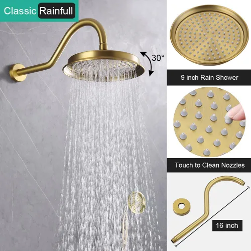 Miniatura 3 de Sistema de ducha antiguo de oro cepillado con boquilla de bañera: grifos de lluvia de 9 pulgadas en la pared, cabezal de lluvia y rociador de mano