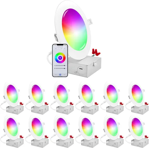 LUXRITE Paquete de 12 luces LED empotrables inteligentes de 6 pulgadas, cambio de color RGBW, aplicación WiFi y control de voz, compatible con Alexa
