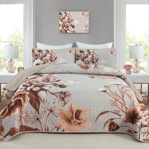Miniatura 22 de Juego de colcha floral tamaño Queen de 3 piezas, juego de colcha con estampado floral rojo suave de microfibra ligera, cubrecama acolchado negro
