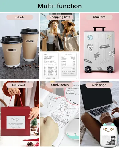 Miniatura 7 de Mini impresora portátil, impresora de pegatinas sin tinta con 8 rollos de papel, mini impresora térmica inalámbrica Bluetooth compatible con iOS +