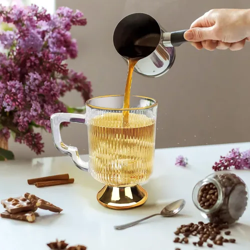 Miniatura 5 de Joeyan Tazas de café de vidrio con asa, tazas de café transparentes acanaladas vintage, tazas de café café con leche, capuchino, tazas de leche