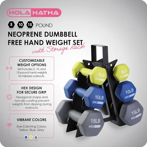 Miniatura 2 de HolaHatha Neoprene Dumbbell Weights Set w/Rack, Home Gym Equipment - Portable Weighted Exercise Dumbbells for Fitness, Training, and Lifting