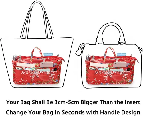Miniatura 4 de BTSKY Organizador de bolsas de impresión dentro del bolso, organizador de bolsa de alta capacidad con 13 bolsillos con asa (flor festiva)