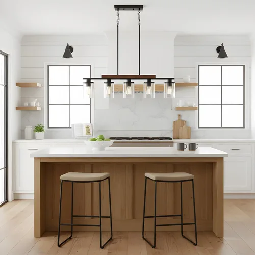 Miniatura 2 de Lámpara de Araña Lineal Moderna de Granja de 5 Luces para Isla de Cocina y Comedor – Luminaria Colgante Rústica Ajustable con Marco de Metal Negro