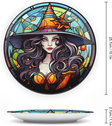 Miniatura 2 de Platos decorativos de bruja con sombrero naranja para decoración del hogar de Halloween, platos de cerámica con diseño de vitrales para sala