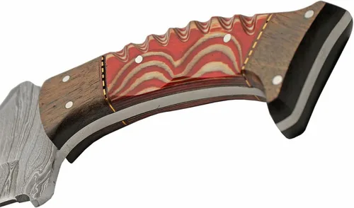 Miniatura 5 de SANZ - Cuchillo de caza de rinoceronte de Damasco de 8 pulgadas, cuchillo de campamento rojo con mango de madera, hoja de espiga completa y funda