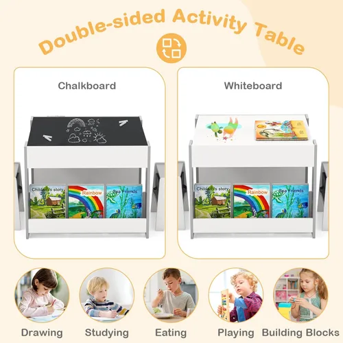 Miniatura 3 de HONEY JOY Mesa y sillas para niños, juego de actividades de madera 4 en 1 para niños con libreros dobles, almacenamiento, tablero desmontable