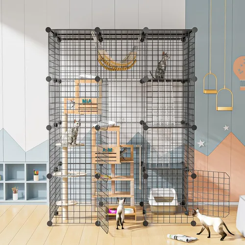 Miniatura 7 de PAWING Jaula grande para gatos de interior – Recinto de alambre de metal para gatos con cubo de almacenamiento, jaula desmontable para gatitos