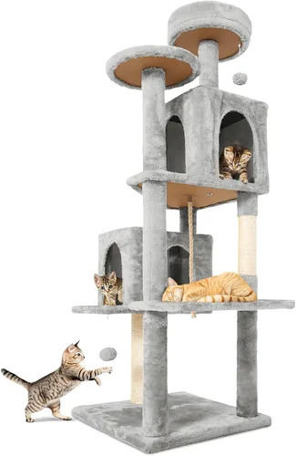 Miniatura 8 de Torre de 58.5 pulgadas para gatos de interior, casa de gato de felpa suave de varios niveles con 1 cueva giratoria de 360°, poste rascador, más Gris