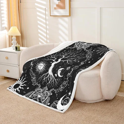 Miniatura 2 de Erosebridal Manta de árbol de la vida, sol y luna para sofá cama, manta de forro polar gótico de polilla trippy, manta de sherpa cósmica