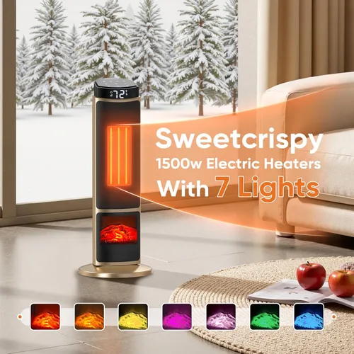 Miniatura 2 de Sweetcrispy Calentador de espacio para uso en interiores, calentador portátil de 23 pulgadas con control remoto y termostato, 7 modos de luz