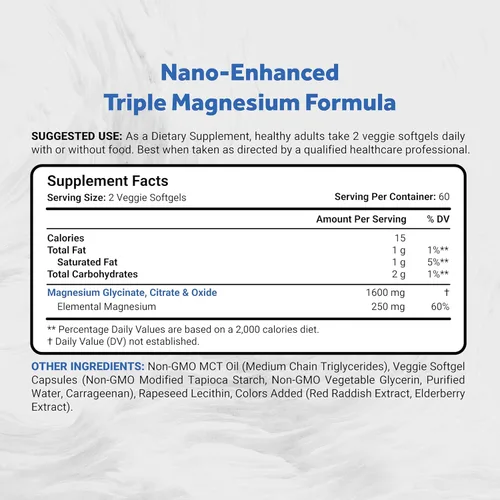 Miniatura 2 de Naturalis Complejo vegano de triple magnesio Glicinato quelado, citrato y óxido de 1600 mg ofrece 250 mg de magnesio elemental Fácil de absorber