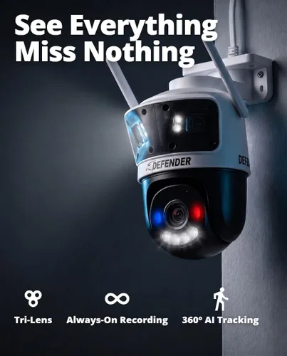 Miniatura 2 de Defender AI 3K+ Guard Tri-Lens WiFi Plug-in Cámara de seguridad 3 en 1, PTZ de 360°, detección de vehículos y humanos AI, seguimiento automático