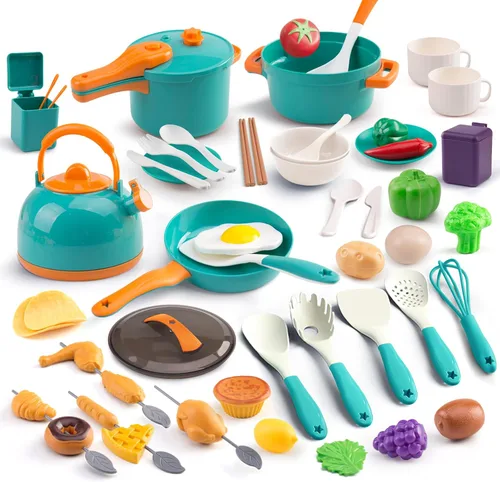 Miniatura 2 de 60 piezas de accesorios de cocina de juego para niños, juego de cocina simulada con ollas y sartenes, vajilla y conjuntos de frutas y barbacoa, Verde