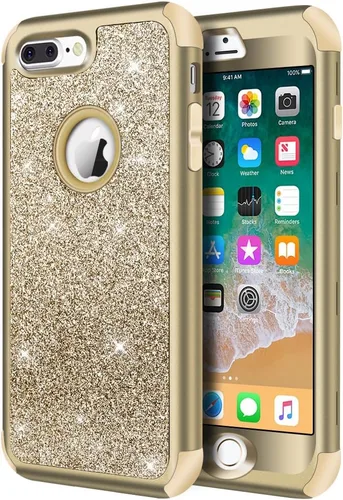 Miniatura 23 de Hython Defender con brillantina, carcasa rígida híbrida, a prueba de golpes, goma para iPhone 7 Plus y 8 Plus, Negro Oscuro