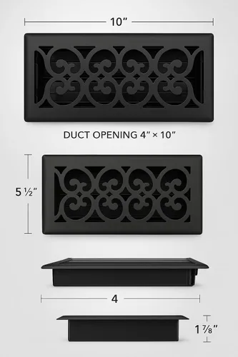 Miniatura 3 de Precision Flow - Rejilla de piso de acero de 4 x 10 pulgadas, diseño victoriano, acabado negro texturizado, cubiertas de ventilación prémium