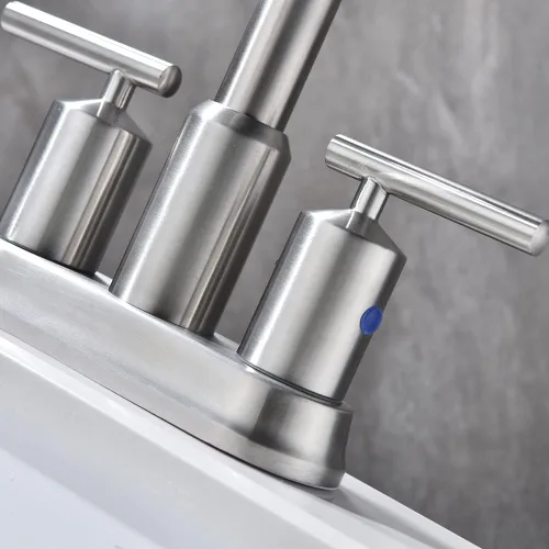 Miniatura 5 de Grifo de baño de níquel cepillado de 4 pulgadas y 2 manijas para fregadero de 3 agujeros, grifo de fregadero de baño central con ensamblaje