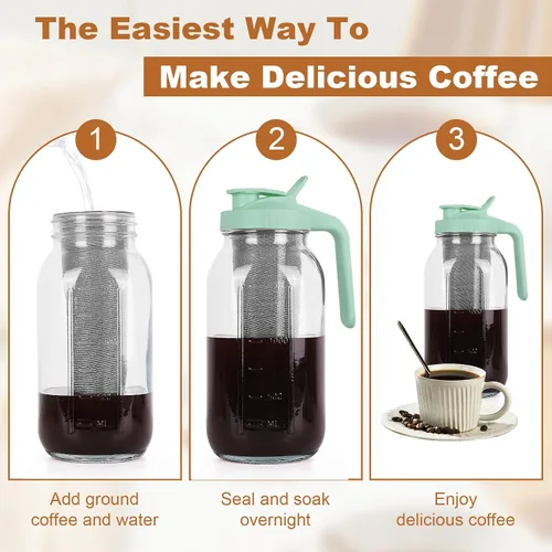 Miniatura 5 de Cafetera de preparación en frío, jarra Mason de boca ancha de 64 oz con filtro de acero inoxidable, tapa con asa y pico vertedor, vidrio resistente