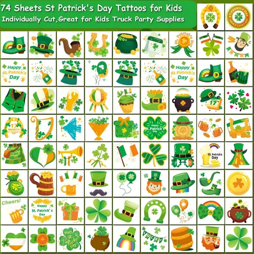 Miniatura 2 de CHARLENT Tatuajes temporales del día de San Patricio para suministros de fiesta de niños, 74 hojas individuales, tatuajes del día de San Patricio